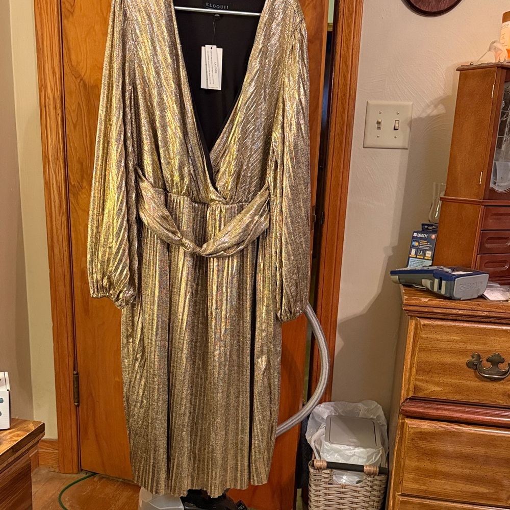 Eloquii Metallic Gold Long Sleeve Pleated Dress